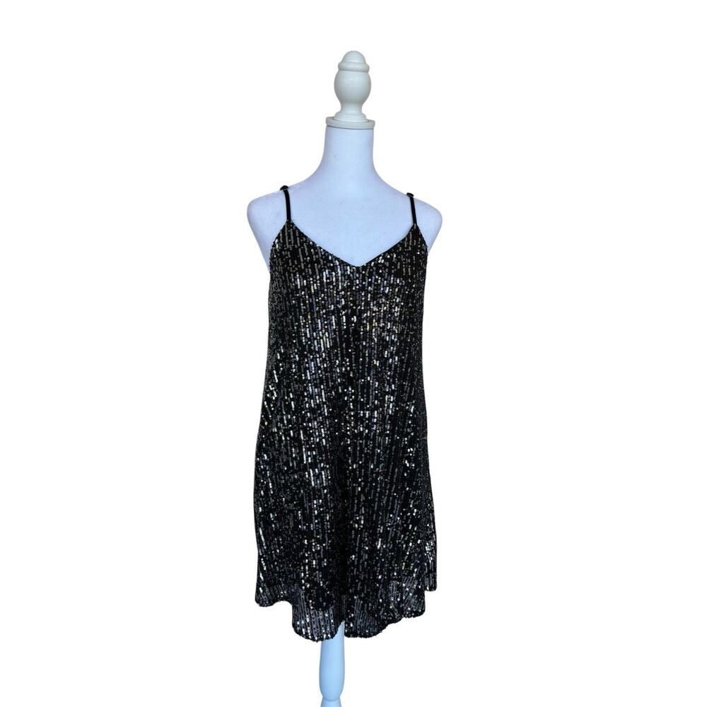 Andrée by Unit Sequin Black Shimmer Party dress Sz S LBD Prom Babydoll Boho